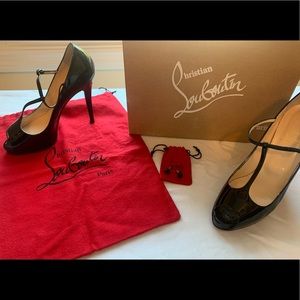 Christian Louboitin Burlina Patent Calf - Black, T Strap. Size 38.5